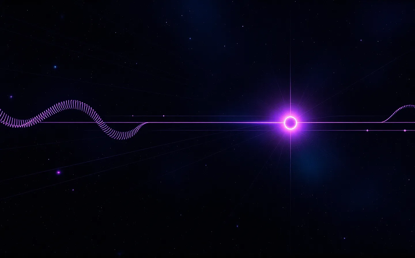 Luminous violet-and-aqua deep-space schematic of two peptide constituent channels converging on a single shared repair node, with a faint aurora glow, on a near-black obsidian ground